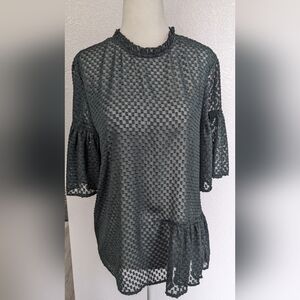 EUC H&M Dark green sheer patterned flounce top.